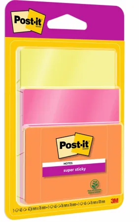 Post-it® Super Sticky Notes, Verschiedene Farben und Größen, 76 mm x 76 mm, 45 Blatt/Block, 3 Blöcke/Packung, 100% PEFC, SGSCH-PEFC-COC-110078