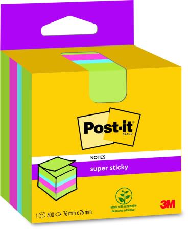 Post-it® Super Sticky Notes Würfel, Verschiedene Farben, 76 mm x 76 mm, 300 Blatt/Block, 1 Block/Packung, 100% PEFC, SGSCH-PEFC-COC-110078