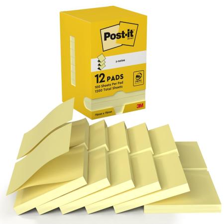 Preview: Post-it® Z-Notes, Gelb, 76 mm x 76 mm, 100 Blatt/Block, 12 Blöcke/Packung, Kartonverpackung, 100% PEFC, SGSCH-PEFC-COC-110078