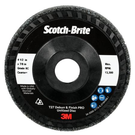 Scotch-Brite™ Verpresste Kompaktscheibe Deburr and Finish PRO für den Winkelschleifer, 8C Coarse+, 114 mm x 22 mm, Type 27, Nylon