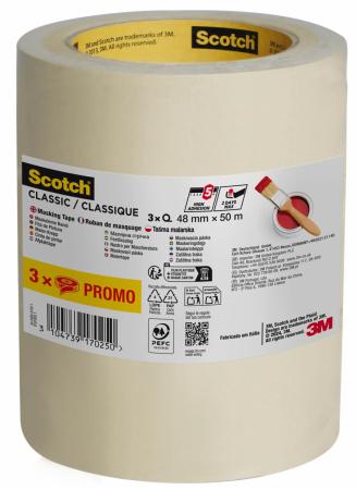 Scotch® Classic Abdeckband, 48 mm x 50 m, 3 Rollen/Packung, 70% PEFC, SGSCH-PEFC-COC-110078