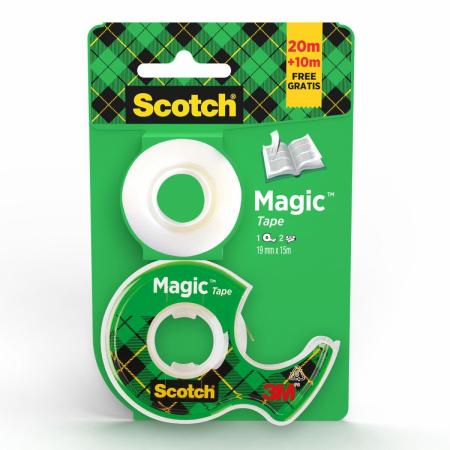 Scotch® Magic™ Klebeband, 19 mm x 15 m, 1 Rolle auf Handabroller + 1 Rolle mit 10 m GRATIS/Packung