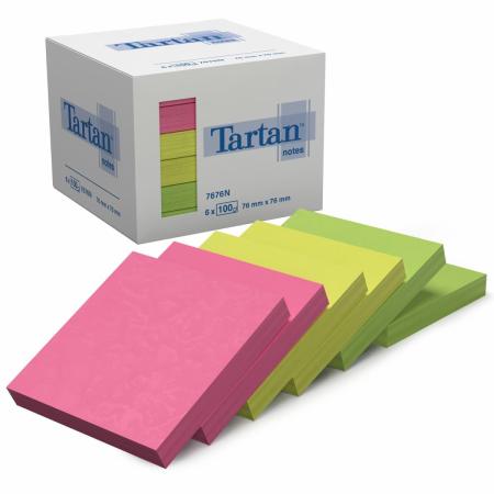 Tartan™ Notes, Verschiedene Neonfarben, 76 mm x 76 mm, 6 Blöcke/Packung, Kartonverpackung, 100% PEFC, SGSCH-PEFC-COC-110078