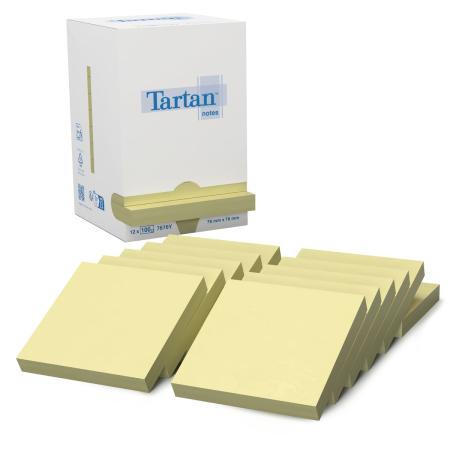 Tartan™ Notes 7676Y, Yellow, 76 mm x 76 mm, 12 Pads/Pack, Cardboard Pack, 100% PEFC, SGSCH-PEFC-COC-110078