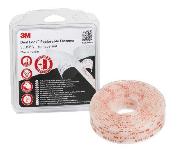 3M™ Dual Lock™ Flexibler Druckverschluss SJ3560, Transparent, 12 mm x 45.7 m, 5.7 mm, 40 Köpfe/cm², Außenbereich, Spendebox