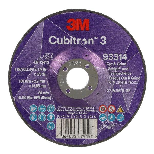 3M™ Cubitron™ 3 Cut and Grind Schruppscheibe, 93314, 36+, T27, 100 mm x 3,2 mm x 15,88 mm, EN, 10/Pack, 20 Stück/VE