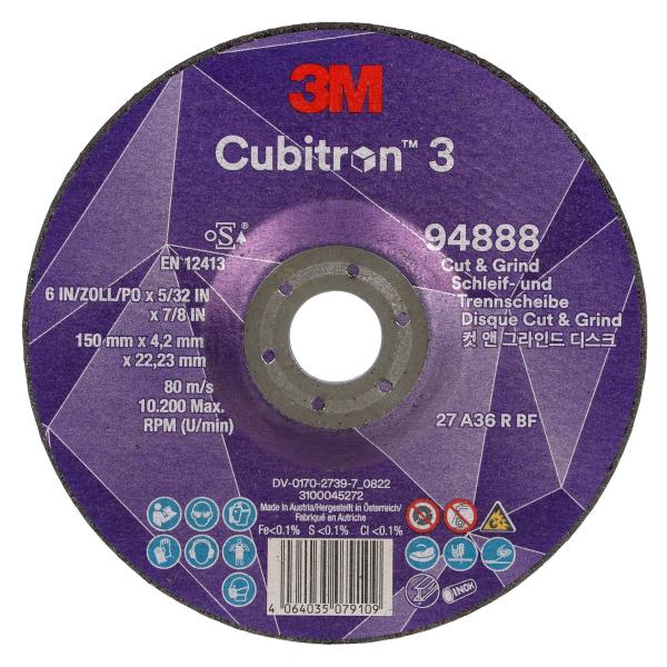 3M™ Cubitron™ 3 Cut and Grind Schruppscheibe, 94888, 36+, T27, 150 mm x 4,2 mm x 22,23 mm, EN, 10/Pack, 20 Stück/VE