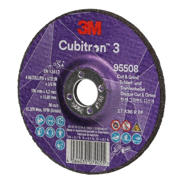 3M™ Cubitron™ 3 Cut and Grind Schruppscheibe, 95508, 36+, T27, 100 mm x 4,2 mm x 15,88 mm, EN, 10/Pack, 20 Stück/VE