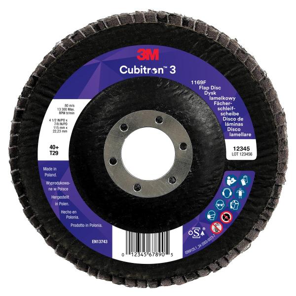 3M™ Cubitron™ 3 Fächerschleifscheibe 1169F, 40+, T29-Conical, 115 mm x 22.23 mm, 1/Pack, 10 ea/Case, Sample Pack