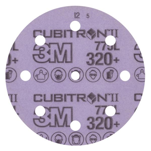 3M™ Cubitron™ II Hookit™ Filmscheibe 775L, 320+ 3MIL, 127 mm x NH, 8HL, Die 500KE, 50/Carton, 250 ea/Case
