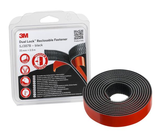 3M™ Dual Lock™ Flexibler Druckverschluss SJ3870, Schwarz, 25 mm x 2.5 m, 6.1 mm, 40 Köpfe/cm², Blister