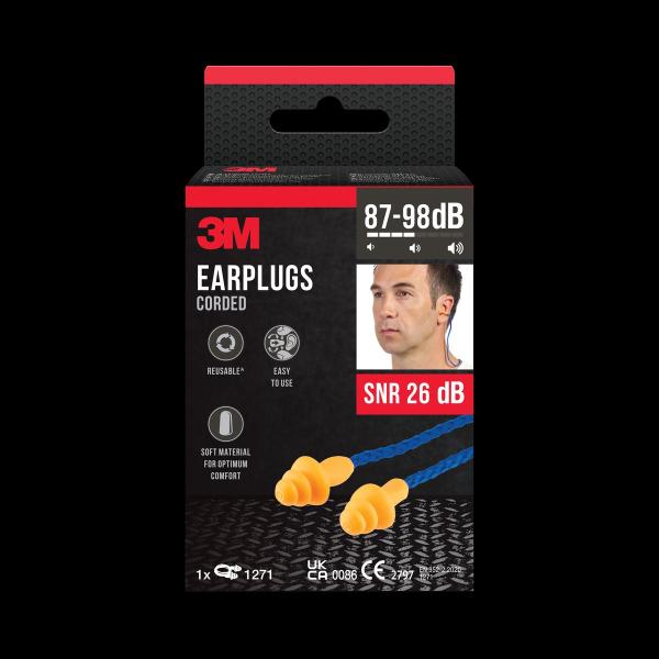 3M™ Gehörschutzstöpsel mit Kordel 1271, Drei-Flansch-Design, wiederverwendbar, SNR-Wert 26 dB, Orange