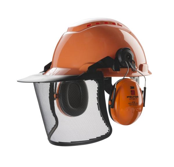 3M™ Schutzhelmkombination für die Forstwirtschaft, H700 orangefarbener Schutzhelm, Optime I Kapselgehörschützer, Netzvisier aus Stahl V4G, H700NOR51V4G