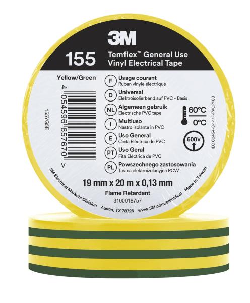 3M™ Temflex™ Vinyl-Isolierband 155, Grün/Gelb, 19 mm x 20 m
