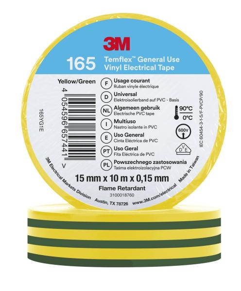 3M™ Temflex™ Vinyl-Isolierband 165, Grün/Gelb, 15 mm x 10 m