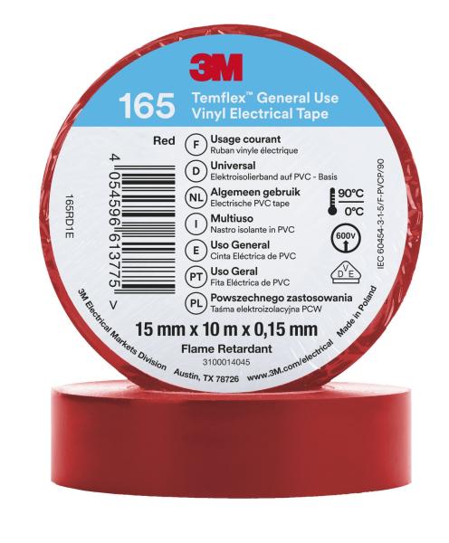3M™ Temflex™ Vinyl-Isolierband 165, Rot, 15 mm x 10 m