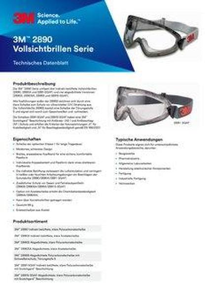 3M™ Vollsicht-Schutzbrille Serie 2890, indirekte Belüftung, Anti-Fog-Beschichtung, transparentes Acetatglas, 2890A, 10 pro Packu