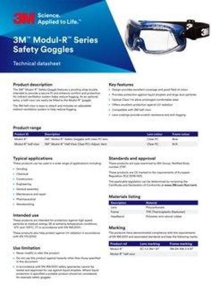 3M™ Modul-R™ Vollsicht-Schutzbrille, indirekte Belüftung, Antikratz-/Anti-Fog-Beschichtung, transparente Polycarbonatscheibe, 71