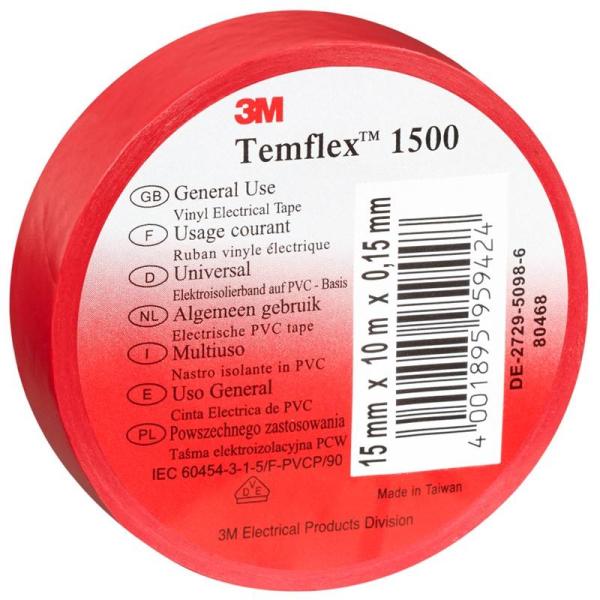 3M™ Temflex™ 1500 Vinyl Elektro-Isolierband, Rot, 19 mm x 25 m, 0,15 mm