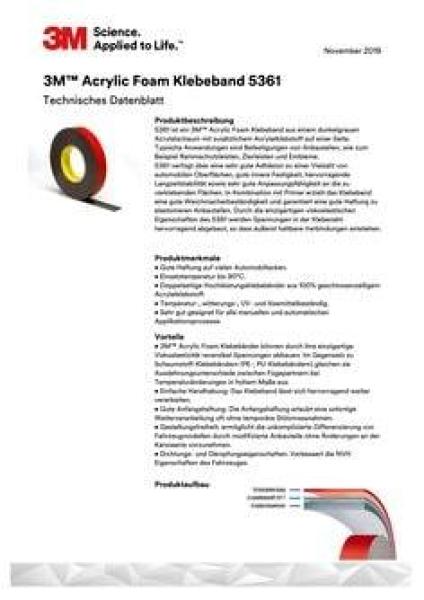 3M™ Acrylic Foam doppelseitiges Klebeband 5361F, Grau, 1.1 mm, 9 mm x 33 m