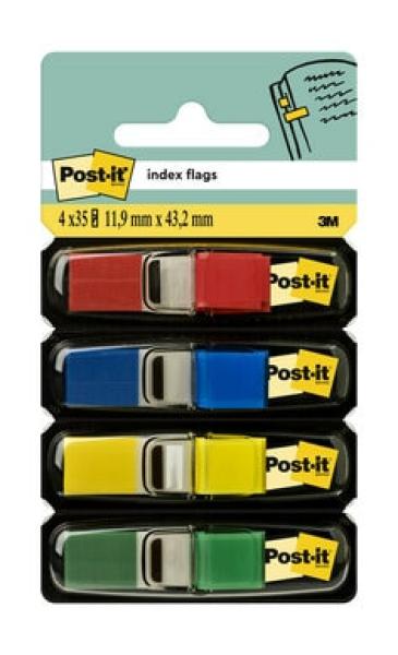 Post-it® Index Haftstreifen, Mini, Gelb, Rot, Blau und Grün, 11.9 mm x 43.2 mm, 35 Haftstreifen/Spender, 4 Spender/Packung