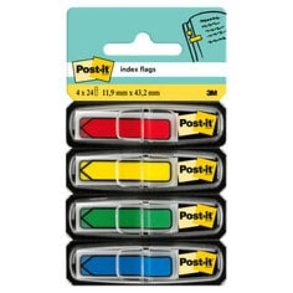 Post-it® Index Pfeile, Gelb, Rot, Blau und Grün, 11.9 mm x 43.2 mm, 24 Haftstreifen/Spender, 4 Spender/Packung