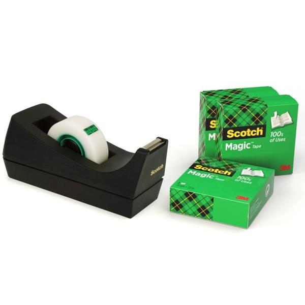 Scotch™ Schreibtisch-Klebebandabroller C38, Schwarz + Scotch® Magic™ Unsichtbares Klebeband, 19 mm x 33 m, 4 Rollen/Packung