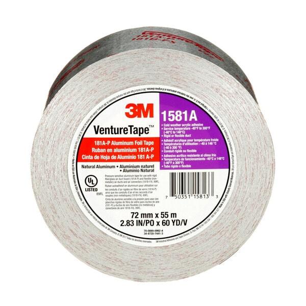 3M™ Venture Tape™ UL181A-P Aluminum Foil Tape 1581A, Silver, 72 mm x 55 m, 2 mil, 16 rolls per case