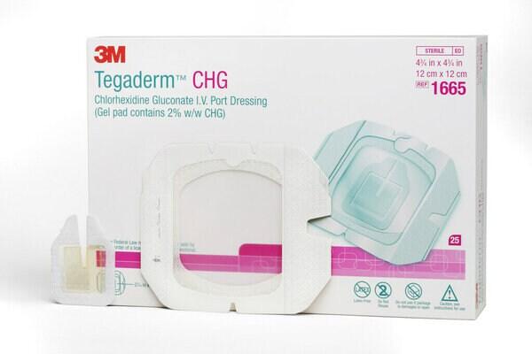 3M™ Tegaderm™ CHG, Chlorhexidingluconat I.V.- Fixierverband, 1665R,  12 cm x 12 cm, Gelpad: 6.2 cm x 4.9 cm, 25 Stück/Karton