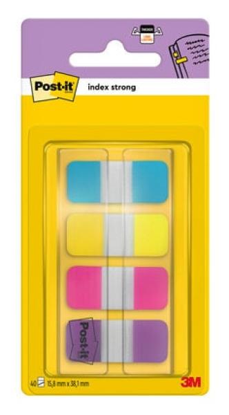 Post-it® Index Strong Ablagetabs, Mini, Blau, Violett, Rosa und Gelb, 15.8 mm x 38.1 mm, 40 Haftstreifen/Spender, 1 Spender/Packung