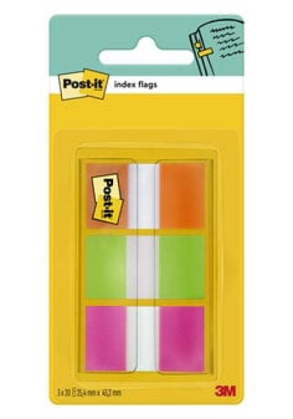 Post-it® Index Haftstreifen, Standard, Orange, Rosa und Grün, 25.4 mm x 43.2 mm, 60 Haftstreifen/Spender, 1 Spender/Packung