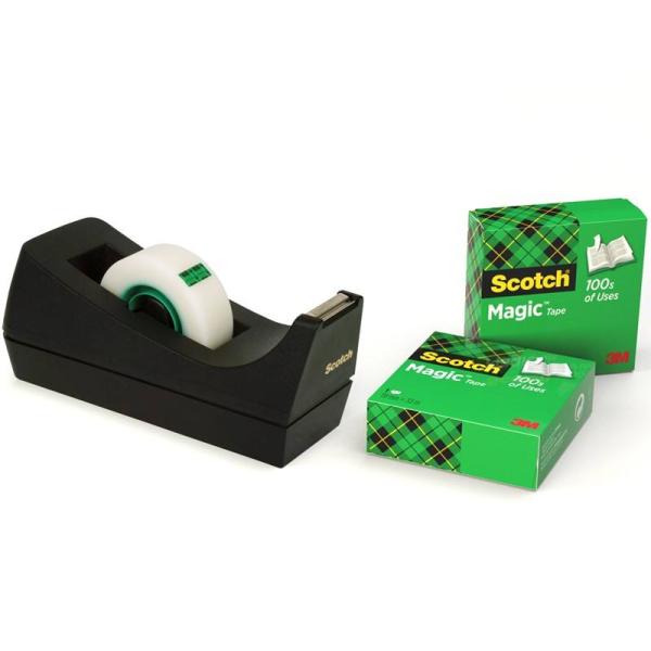 Scotch™ Schreibtisch-Klebebandabroller C38, Schwarz + Scotch® Magic™ Unsichtbares Klebeband, 19 mm x 33 m, 3 Rollen/Packung