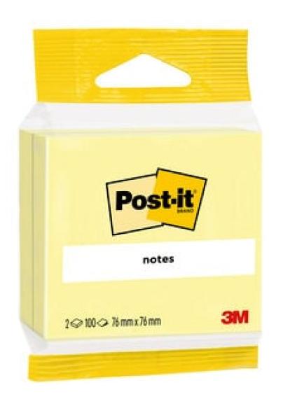 Post-it® Notes, Gelb, 76 mm x 76 mm, 100 Blatt/Block, 2 Blöcke/Packung, 100% PEFC SGSCH-PEFC-COC-110078
