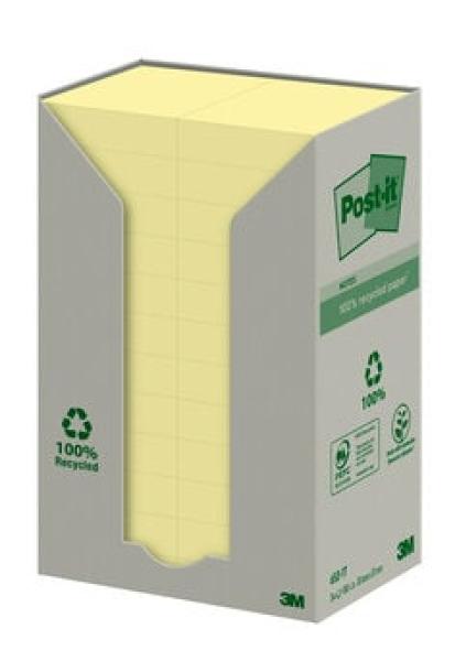 Post-it® Recycling Notes, Gelb, 38 mm x 51 mm, 100 Blatt/Block, 24 Blöcke/Packung, 100% PEFC Recycled SGSCH-PEFC-COC-110078