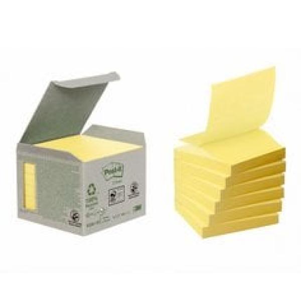 Post-it® Recycling Z-Notes, Gelb, 76 mm x 76 mm, 100 Blatt/Block, 6 Blöcke/Packung, 100% PEFC Recycled SGSCH-PEFC-COC-110078