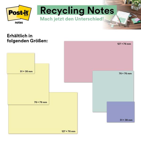 Post-it® Recycling Notes, Gelb, 127 mm x 76 mm, 100 Blatt/Block, 6 Blöcke/Packung, 100% PEFC, SGSCH-PEFC-COC-110078