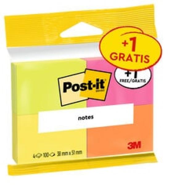 Post-it® Notes, Verschiedene Neonfarben, 38 mm x 51 mm, Promotion, 100 Blatt/Block, 3 Blöcke + 1 Gratis/Packung, 100% PEFC SGSCH-PEFC-COC-110078