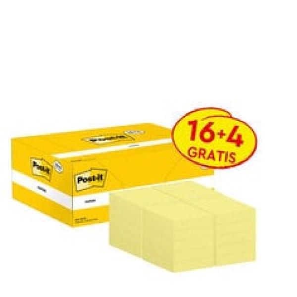 Post-it® Notes, Gelb, 38 mm x 51 mm, Promotion, 100 Blatt/Block, 16 Blöcke + 4 Gratis/Packung, 100% PEFC SGSCH-PEFC-COC-110078
