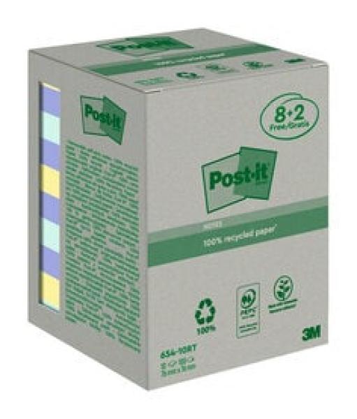 Post-it® Recycling Notes, Verschiedene Farben, 76 mm x 76 mm, Promotion, 100 Blatt/Block, 8 Blöcke + 2 Gratis/Packung, 100% PEFC Recycled SGSCH-PEFC-COC-110078