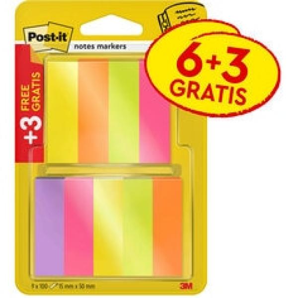 Post-it® Page Marker, Verschiedene Farben, 15 mm x 50 mm, Promotion, 100 Blatt/Block, 6 Blöcke + 3 Gratis/Packung, 100% PEFC SGSCH-PEFC-COC-110078