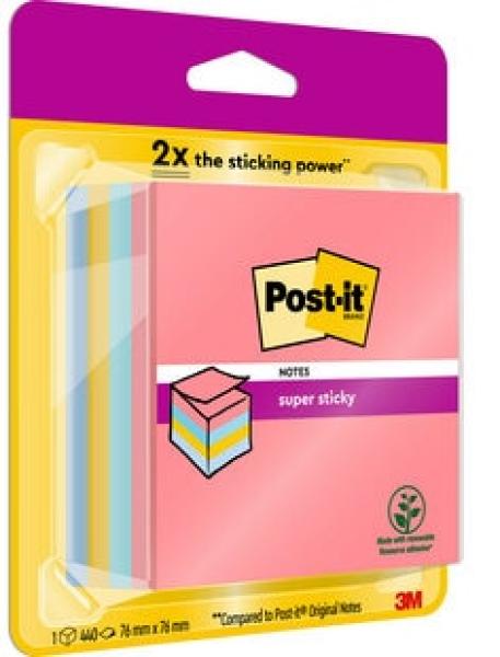 Post-it® Super Sticky Würfel, farbig, 440 Blatt, 76 x 76 mm, 100% PEFC SGSCH-PEFC-COC-110078