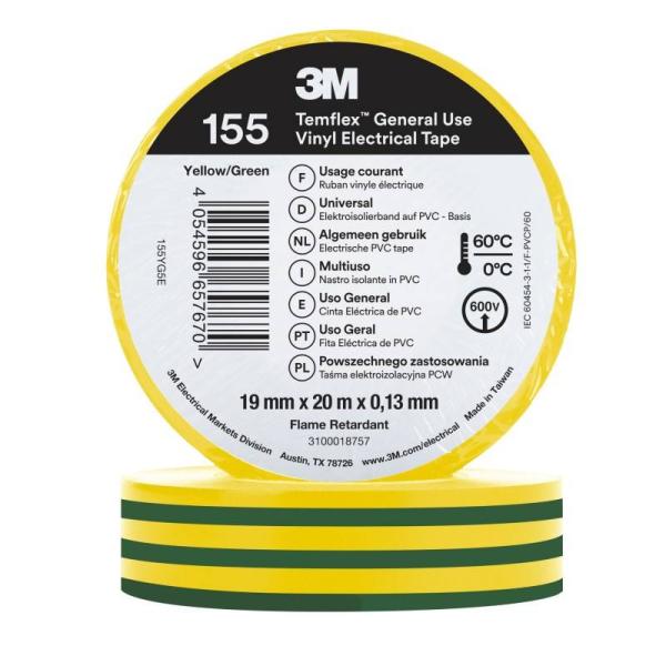 3M™ Temflex™ Vinyl-Isolierband 155, Grün/Gelb, 19 mm x 20 m