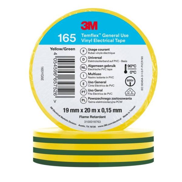 3M™ Temflex™ Vinyl-Isolierband 165, Grün/Gelb, 19 mm x 20 m