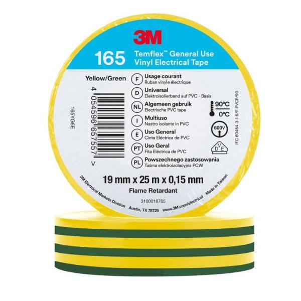 3M™ Temflex™ Vinyl-Isolierband 165, Grün/Gelb, 19 mm x 25 m