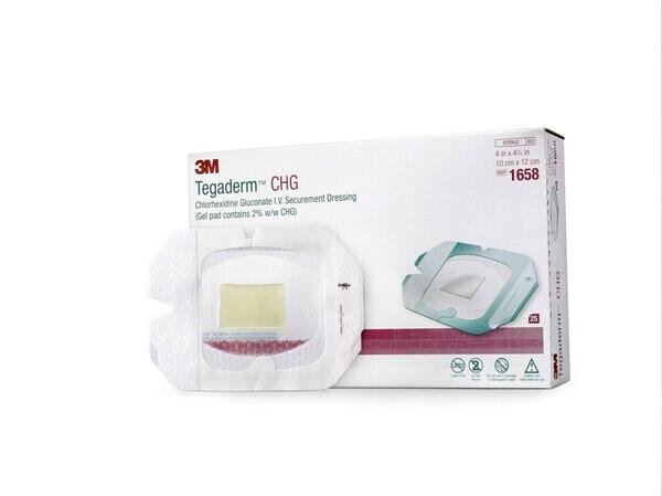3M™ Tegaderm™ CHG Chlorhexidingluconat I.V.- Fixierverband, 1658R, 10 cm x 12 cm, 25 Stück/Karton