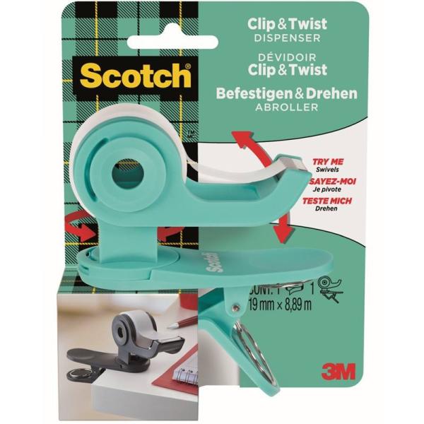 Scotch™ Clip & Twist Klebeband-Abroller C19, Blaugrün + Scotch® Magic™ Unsichtbares Klebeband, 19 mm × 8,89 m, 1 Rolle/Packung