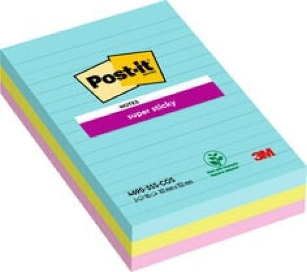 Post-it® Super Sticky Notes im Großformat, Cosmic Collection, Liniert, 101 mm x 152 mm, 90 Blatt/Block, 3 Blöcke/Packung, 100% PEFC SGSCH-PEFC-COC-110078