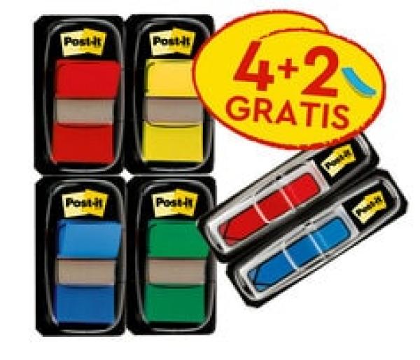 Post-it® Index Haftstreifen, Standard, Verschiedene Farben, 25.4 mm x 43.2 mm, Promotion + Post-it® Index Pfeile, Blau und Rot, 11.9 mm x 43.2 mm, 4 Spender + 2 Gratis/Packung