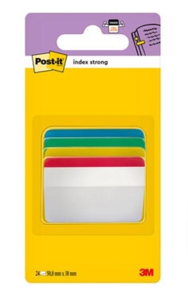Post-it® Index Strong Ablagetabs, Groß, Rot, Gelb, Blau und Grün, Gebogen, 50.8 mm x 38.1 mm, 24 Haftstreifen/Spender, 1 Spender/Packung