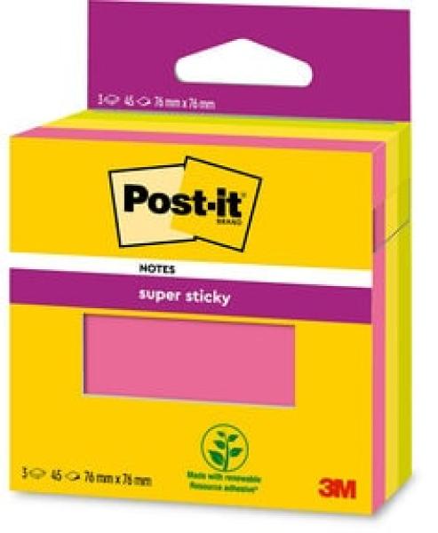 Post-it® Super Sticky Notes, Verschiedene Farben, 76 mm x 76 mm, 45 Blatt/Block, 3 Blöcke/Packung, 100% PEFC SGSCH-PEFC-COC-110078